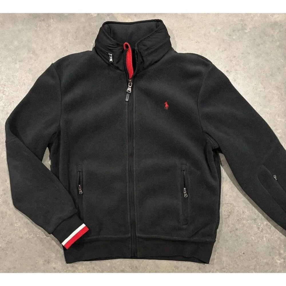 Polo Ralph Lauren Fleece Jacket Mens L Black Performance Full Zip Hidden Hood